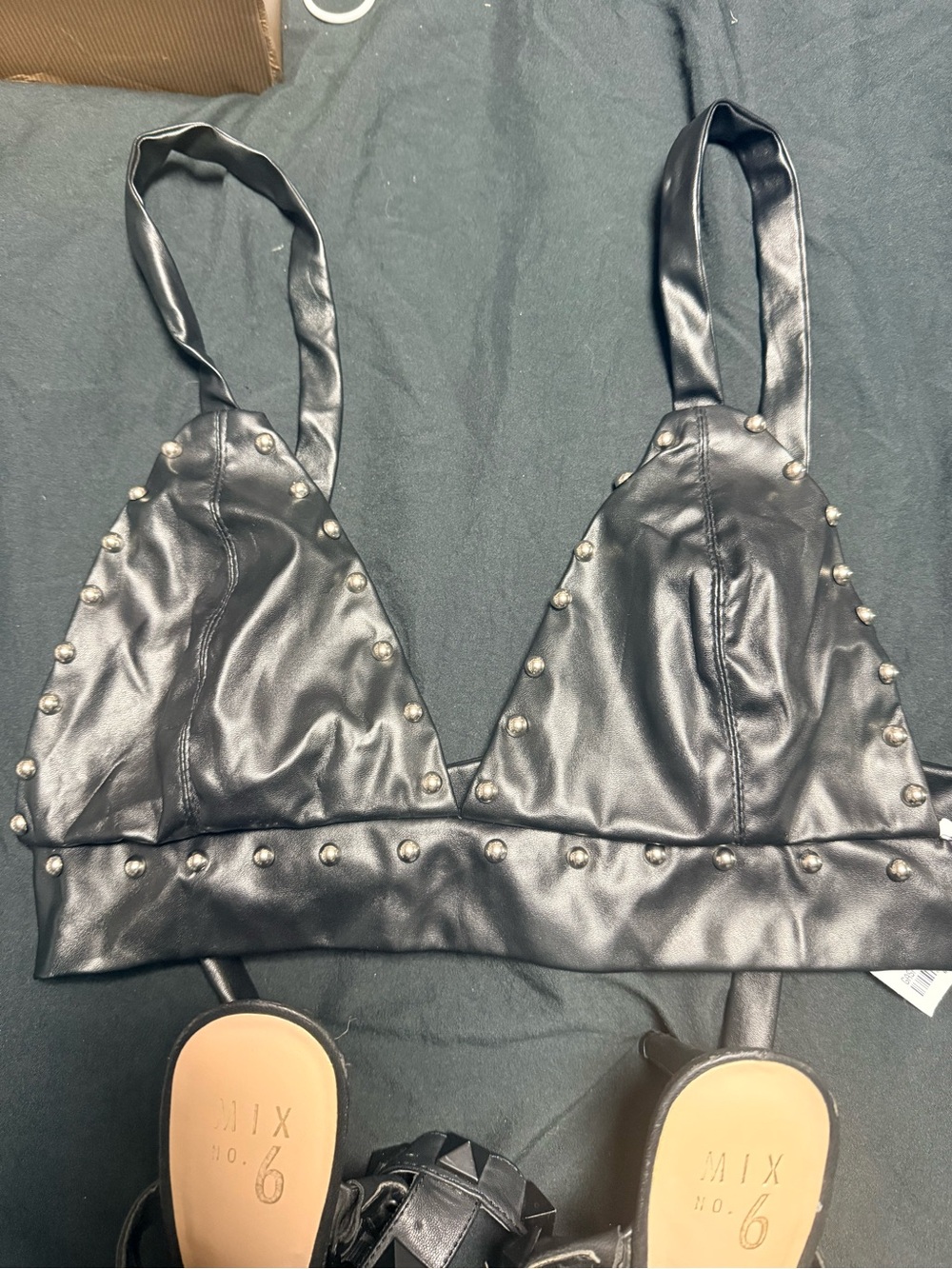 Black Faux Leather Studded Bralette Top - Women